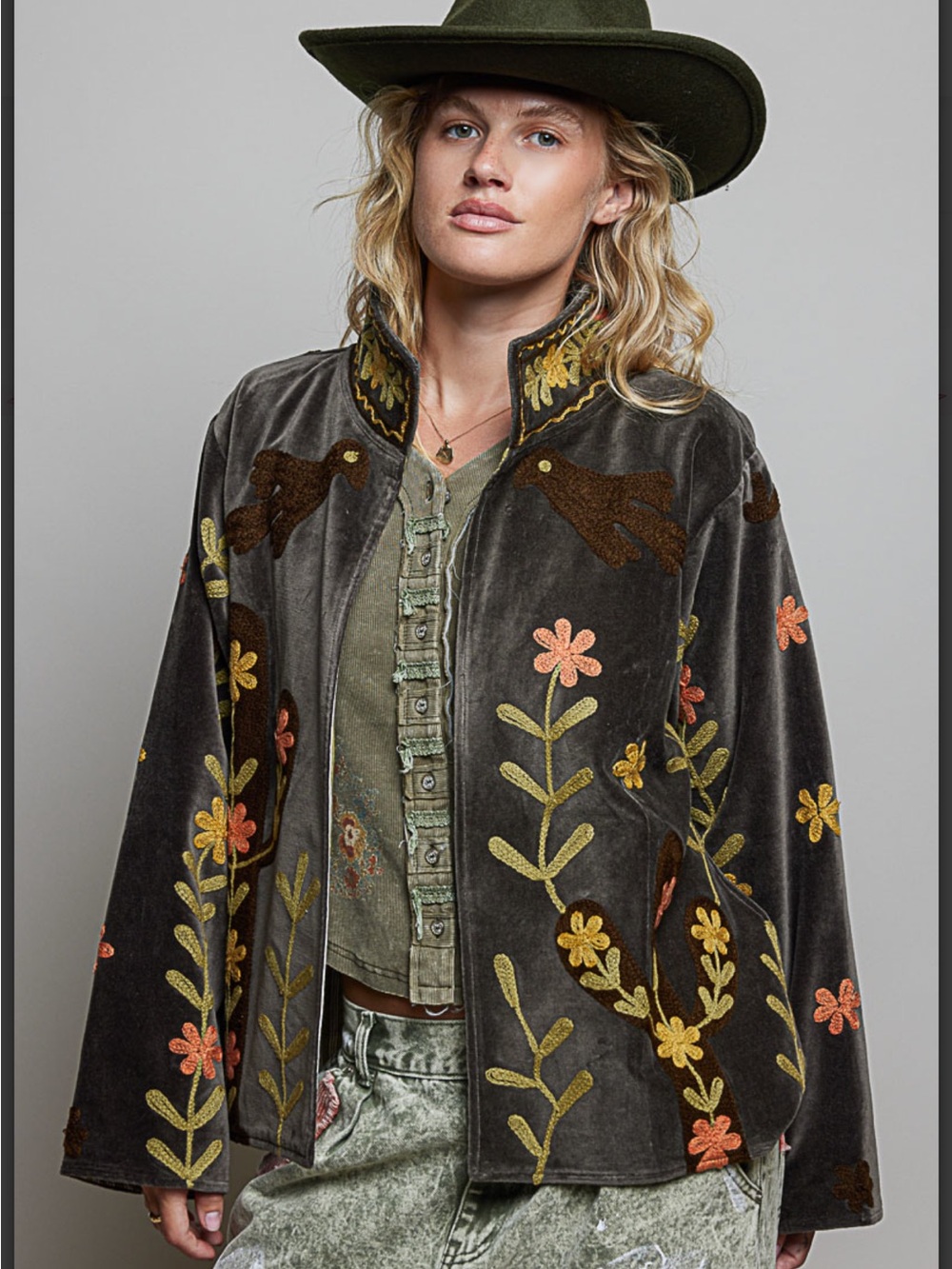 POL Velvet Floral Embroidered Jacket in Charcoal - Picture 1 of 6